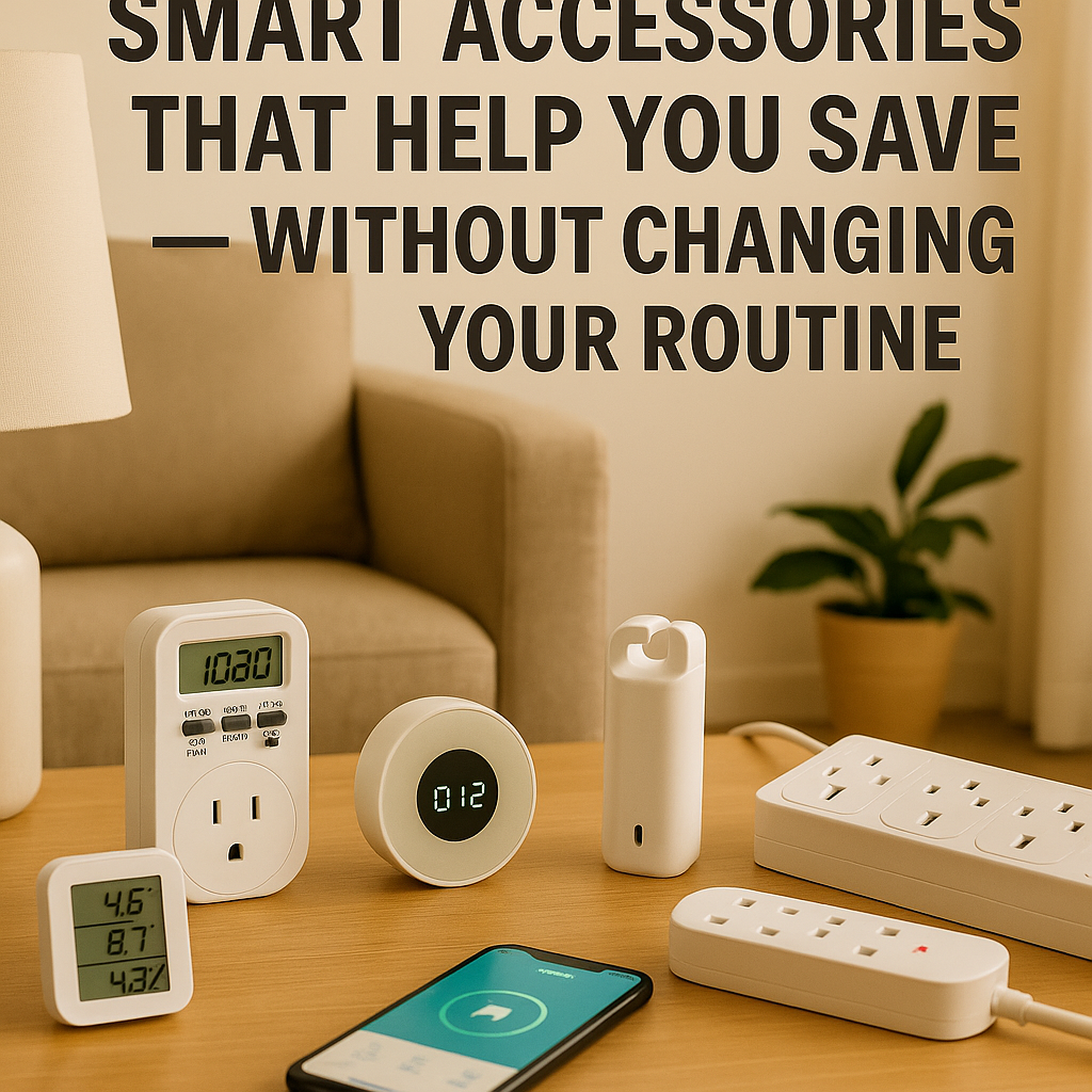 Smart home accessories including plug timer, air quality monitor, curtain motor, thermometer, and extension lead on coffee table under title text in warm UK living room.