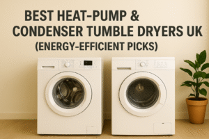 Featured image showing two modern tumble dryers side by side—one heat-pump and one condenser—against a beige wall with the title “Best Heat-Pump & Condenser Tumble Dryers UK (Energy-Efficient Picks)” displayed above.