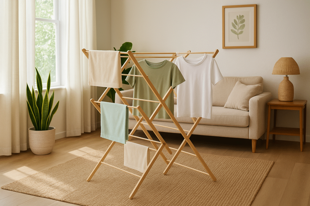 Wooden indoor clothes drying rack set up in a bright UK living room with natural light, light clothing hanging neatly, and eco-style decor including a sofa, houseplant, and rattan lamp.