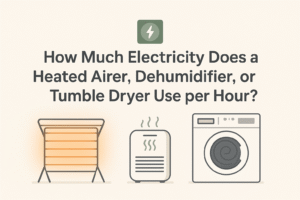 Featured image showing a heated airer, dehumidifier, and tumble dryer beneath the title “How Much Electricity Does a Heated Airer, Dehumidifier, or Tumble Dryer Use per Hour?” in a clean, modern energy-saving style.