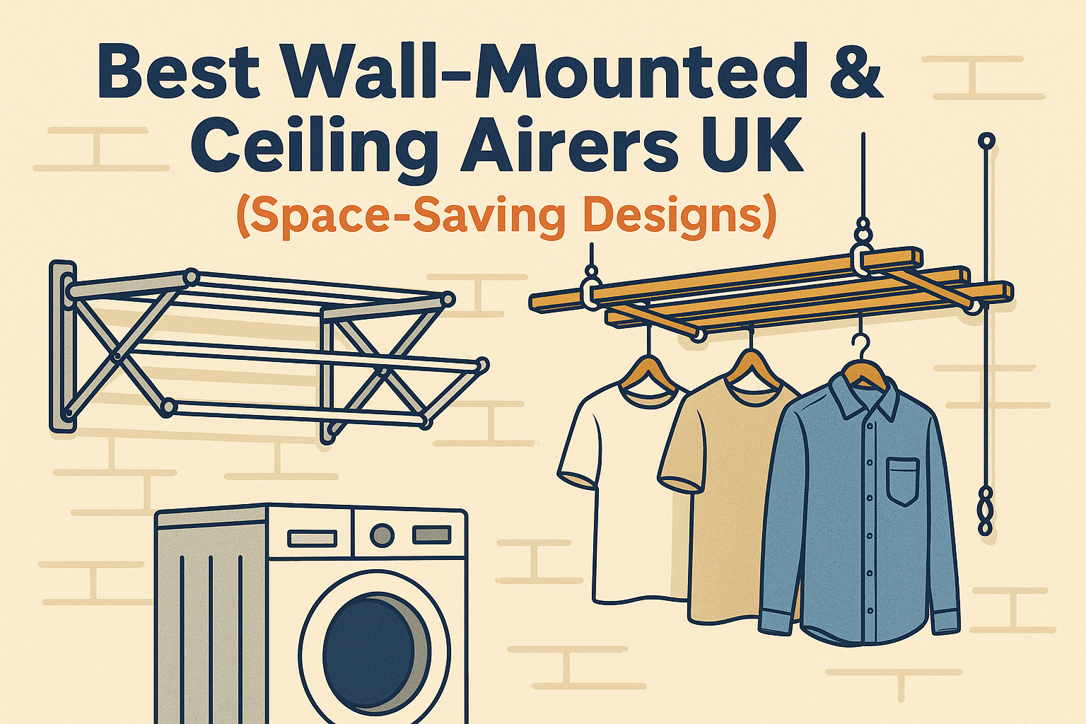 Featured image showing wall-mounted and ceiling airers in SWL style, with bold title “Best Wall-Mounted & Ceiling Airers UK (Space-Saving Designs)” above illustrated laundry setup.