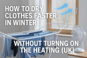 Featured image showing indoor clothes drying on an airer beside an open window and fan, with text overlay reading “How to Dry Clothes Faster in Winter Without Turning On the Heating (UK)”.