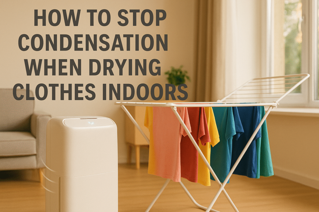 Featured image showing a dehumidifier and indoor drying rack with bold title text “How to Stop Condensation When Drying Clothes Indoors” in a warm UK living room.