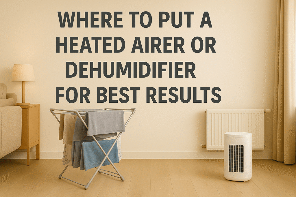 Featured image showing a heated airer and a dehumidifier placed in a bright UK living room, with bold title text “Where to Put a Heated Airer or Dehumidifier for Best Results” displayed on the wall.