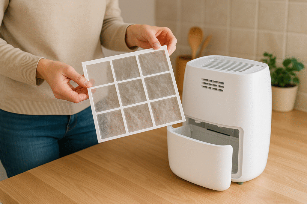 Person removing a dusty filter from a white dehumidifier on a kitchen countertop to clean and improve efficiency.