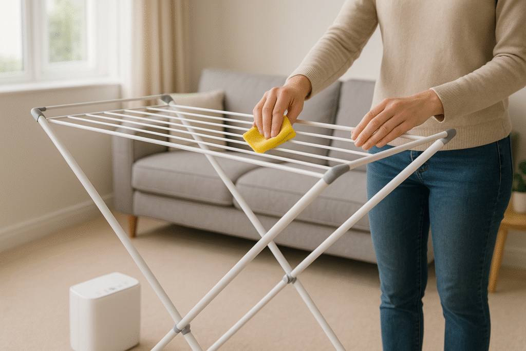 Person wiping down the bars of a heated airer with a yellow microfibre cloth in a bright living room.

