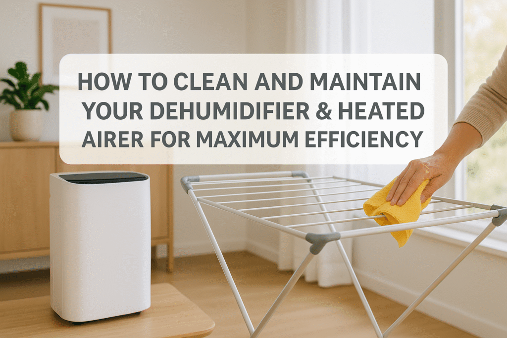 Featured image showing a dehumidifier and a heated airer being cleaned in a bright modern living room, with text overlay reading “How to Clean and Maintain Your Dehumidifier & Heated Airer for Maximum Efficiency.”