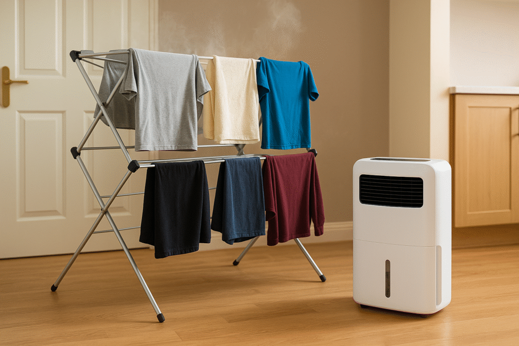 “Heated airer loaded with clothes beside a white dehumidifier in a bright UK home, showing both devices working together for faster indoor drying.”