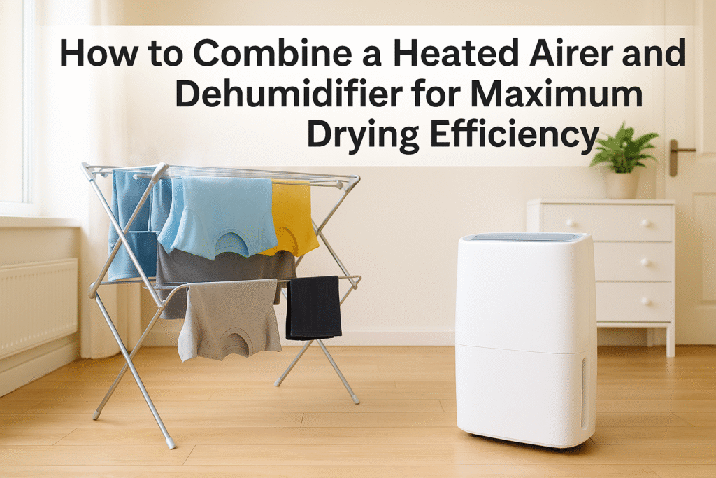 “Featured image showing a heated airer with clothes and a white dehumidifier in a bright UK home, with the title ‘How to Combine a Heated Airer and Dehumidifier for Maximum Drying Efficiency’ displayed above.”