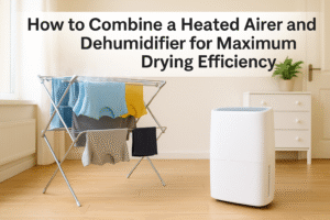 “Featured image showing a heated airer with clothes and a white dehumidifier in a bright UK home, with the title ‘How to Combine a Heated Airer and Dehumidifier for Maximum Drying Efficiency’ displayed above.”