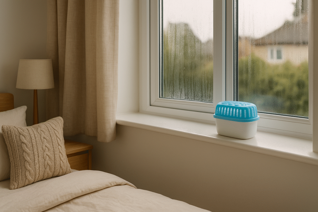 “Moisture absorber tub placed on a bedroom windowsill with condensation on the window, showing a typical damp issue in a UK home.”