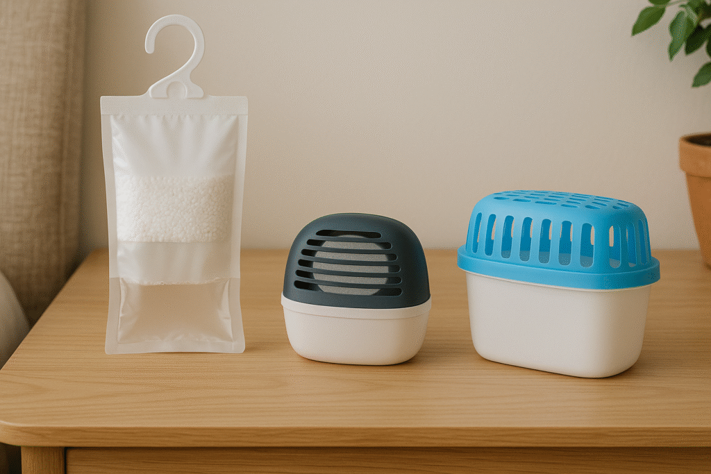 “Three types of moisture absorbers – a hanging bag, a compact tablet-style unit, and a refillable tub – displayed on a wooden table in a UK home.”