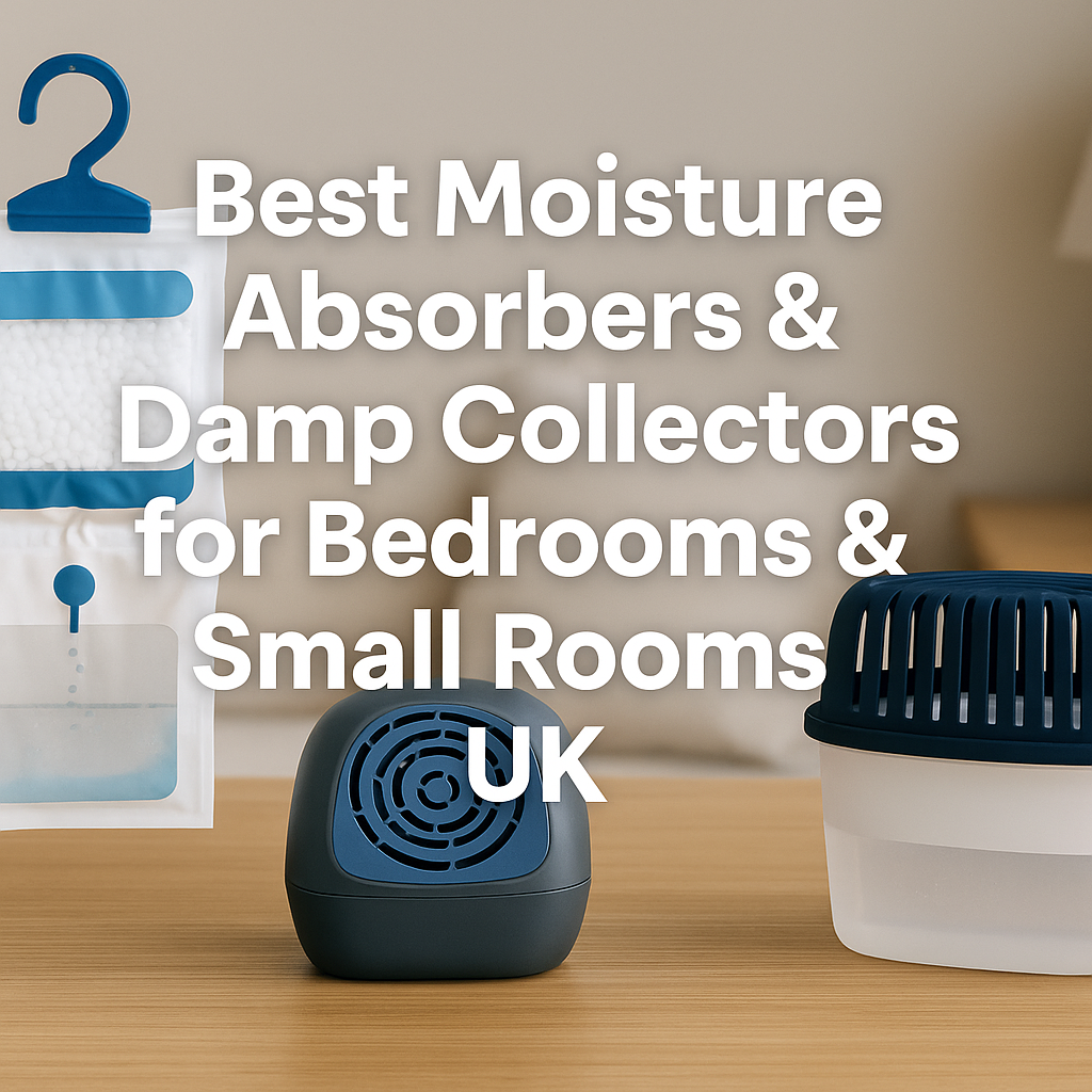 “Featured image showing three moisture absorbers — a hanging bag, a tablet-style unit, and a refillable tub — arranged on a wooden table with the article title overlaid in bold white text.”