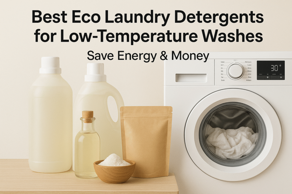 Eco-friendly laundry detergents displayed beside a washing machine set to a 30°C low-temperature cycle, with clean, minimalist styling in a 3×2 featured image layout.
