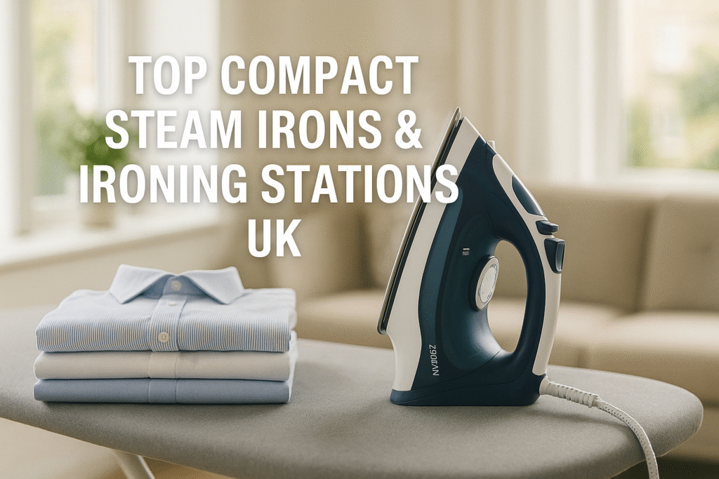“Featured image showing a compact steam iron and folded shirts on an ironing board, with bold title text ‘Top Compact Steam Irons & Ironing Stations UK’ in clean SWL style.”