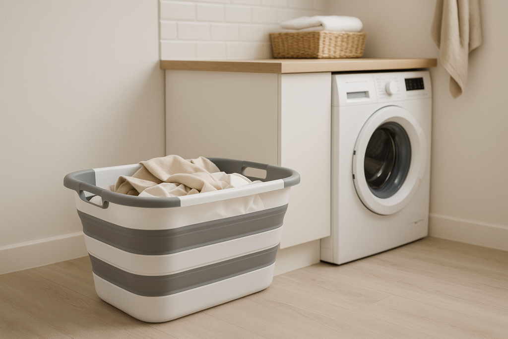 Collapsible laundry basket open and filled with clothes in a modern UK laundry room beside a washing machine.