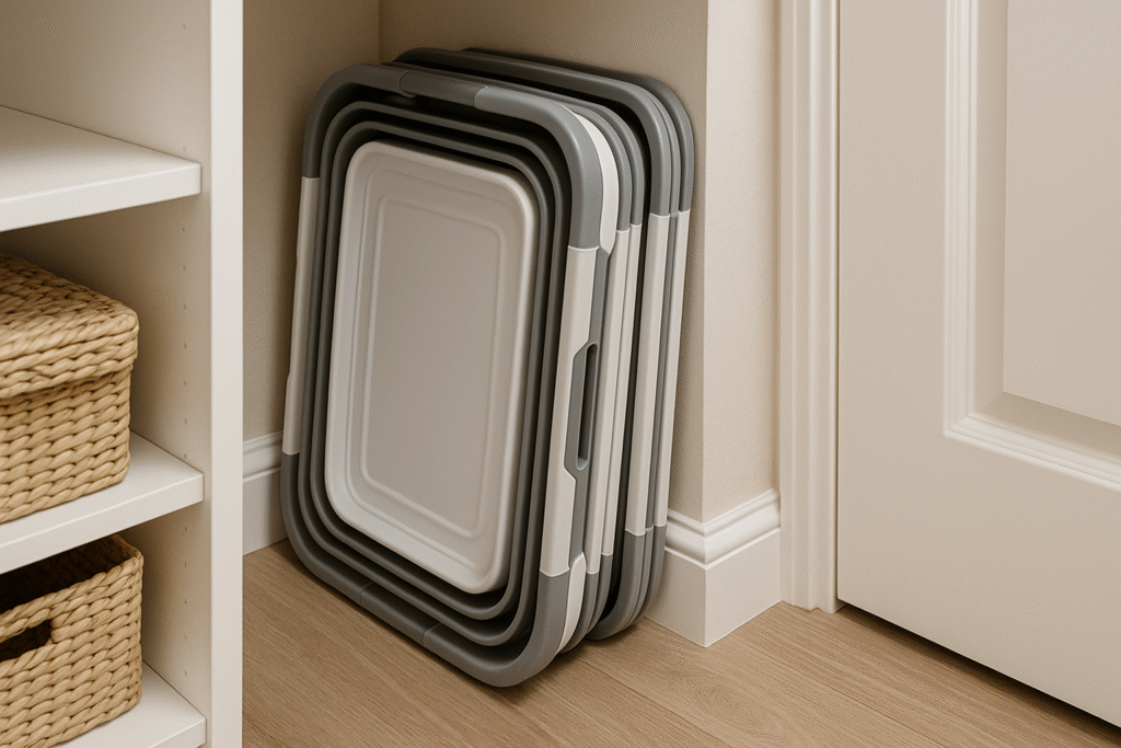 Folded collapsible laundry baskets stored neatly in a small UK cupboard, showing how they save space when not in use.