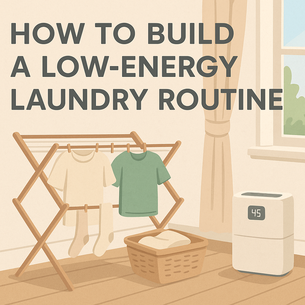 Illustrated UK laundry room with clothes drying on an indoor airer, a dehumidifier nearby, and the title “How to Build a Low-Energy Laundry Routine” displayed at the top.