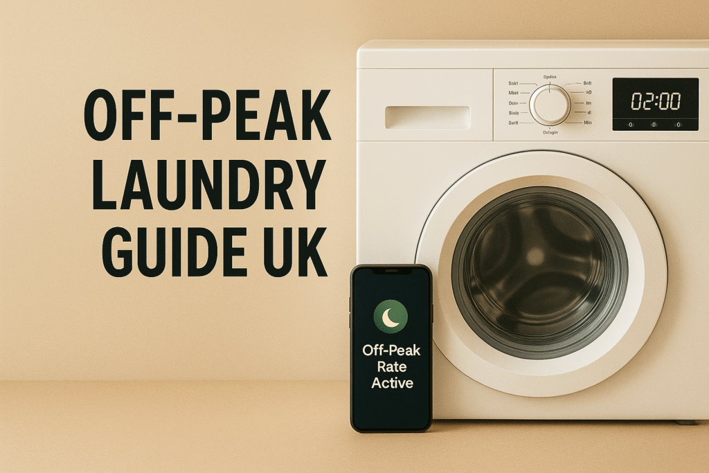 “Washing machine set for a 2:00am off-peak cycle with a smartphone displaying ‘Off-Peak Rate Active’, alongside the text ‘Off-Peak Laundry Guide UK’ on a warm beige background.”