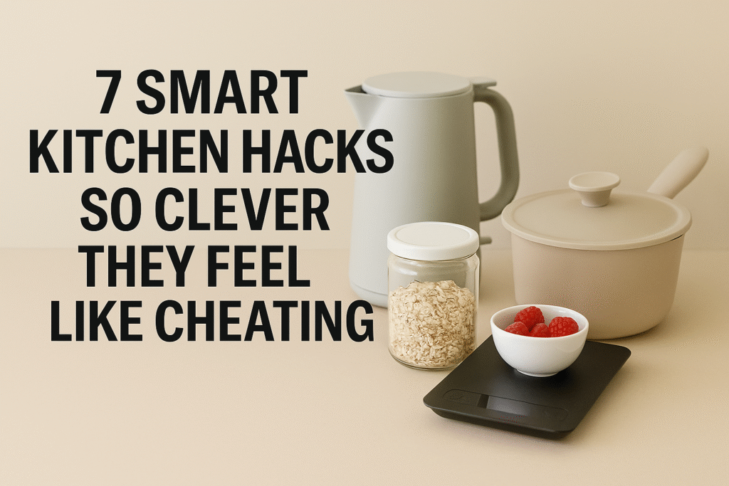 Aesthetic kitchen scene with a minimalist kettle, saucepan, jar of oats, and digital scale with raspberries on a neutral beige background, alongside the title “7 Smart Kitchen Hacks So Clever They Feel Like Cheating.”