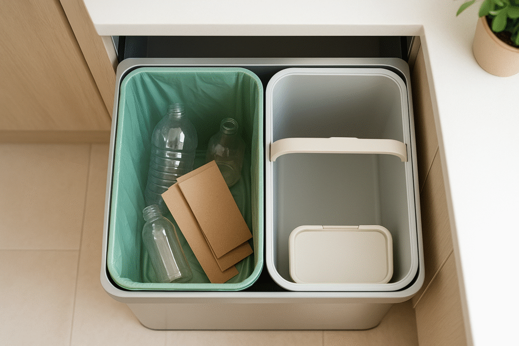 Top-down view of a dual-compartment kitchen recycling bin, with one side holding clean plastic bottles and cardboard and the other side containing an empty compost caddy inside a modern UK kitchen cabinet.
