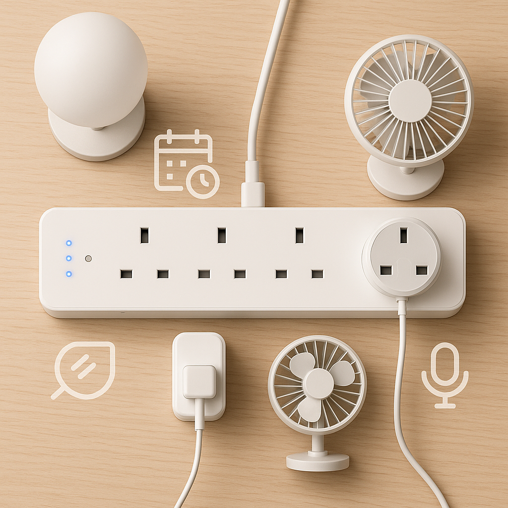 Top-down view of a white UK smart power strip on a wooden surface, powering small gadgets like a lamp, USB charger, and mini fan, with subtle icons showing scheduling, energy tracking, and voice control features.