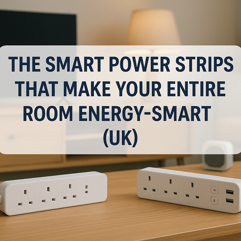 Featured image showing two white UK smart power strips on a wooden table in a cosy living room, with the article title displayed in a semi-transparent text box over the background.