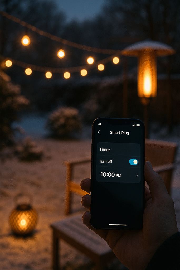 Hand holding a smartphone showing a smart plug timer set for 10:00 PM, with a snowy garden, warm outdoor lights, and a patio heater glowing in the background.