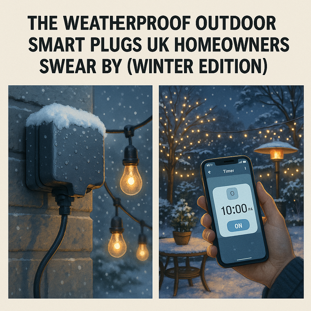 Featured image showing two winter outdoor scenes: a snow-covered weatherproof smart plug on a brick wall with warm string lights, and a hand holding a smartphone controlling a smart plug timer in a snowy garden with patio lighting.