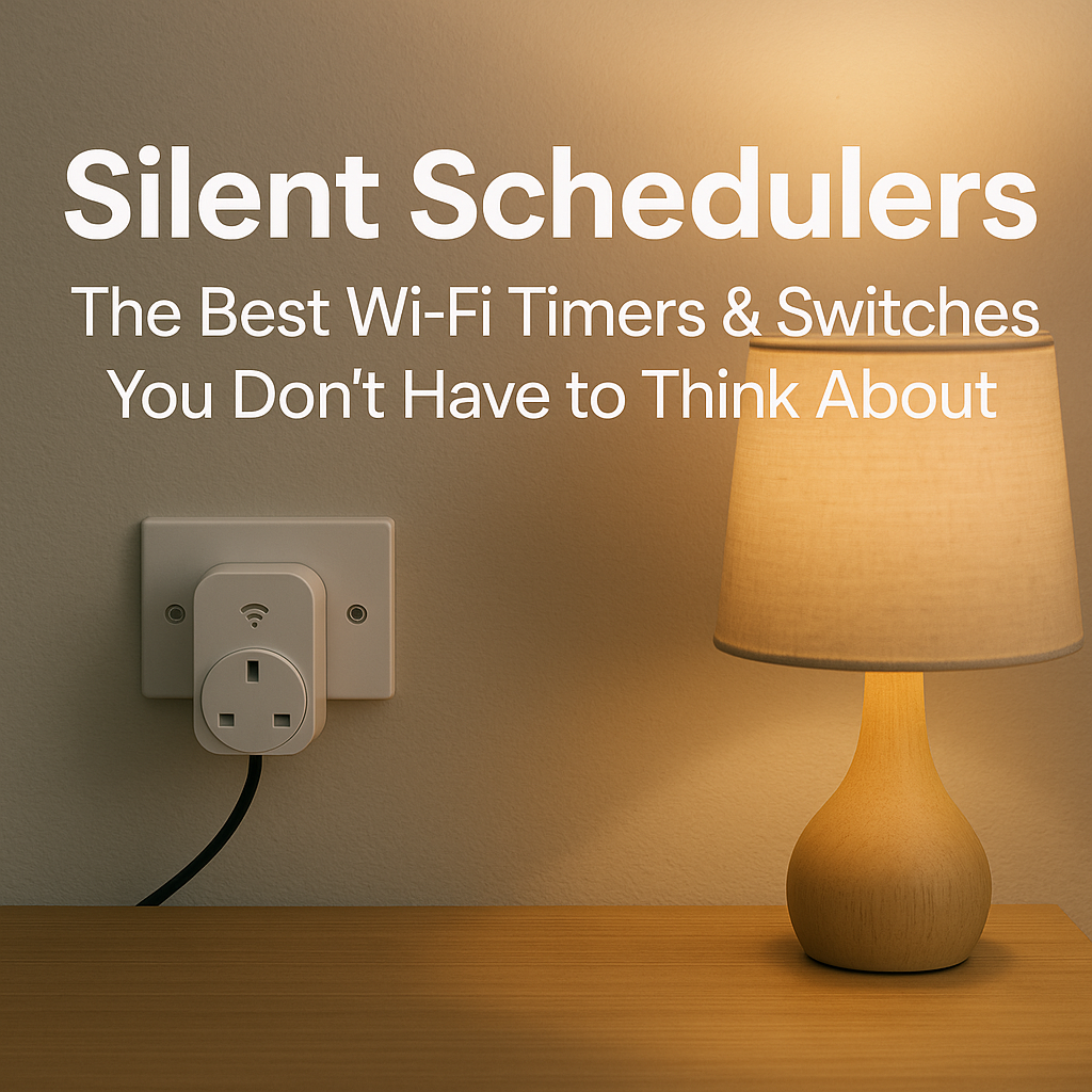 A warm, modern UK home scene featuring a Wi-Fi smart plug in a wall socket beside a softly glowing table lamp. The featured image includes the article title “Silent Schedulers: The Best Wi-Fi Timers & Switches You Don’t Have to Think About” in a clean, white text block.