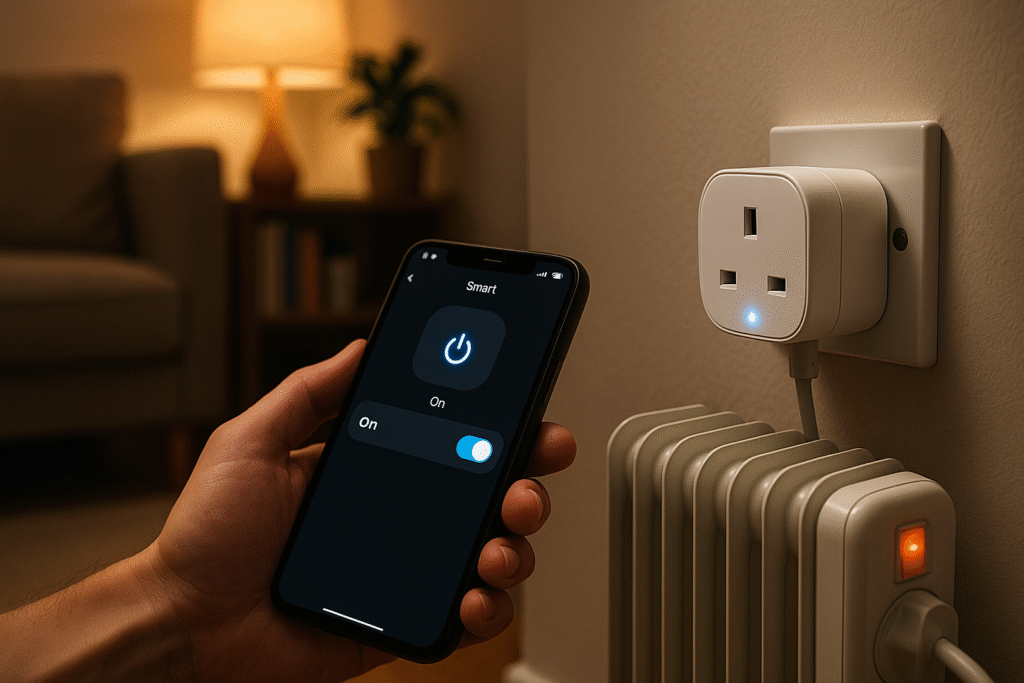 Hand holding a smartphone showing a smart plug control screen, aimed at a UK smart plug powering a portable heater in a cosy living room with warm lighting.