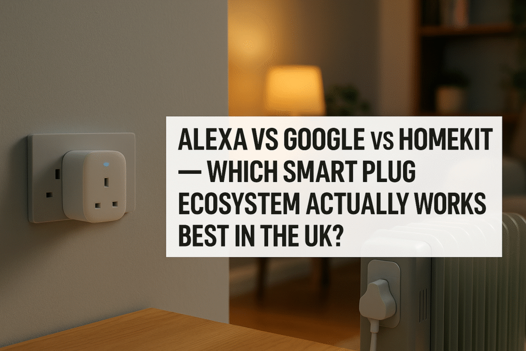 Featured image showing a UK smart plug in a cosy living room, with the article title displayed in a white text block beside a radiator and warm ambient lighting.