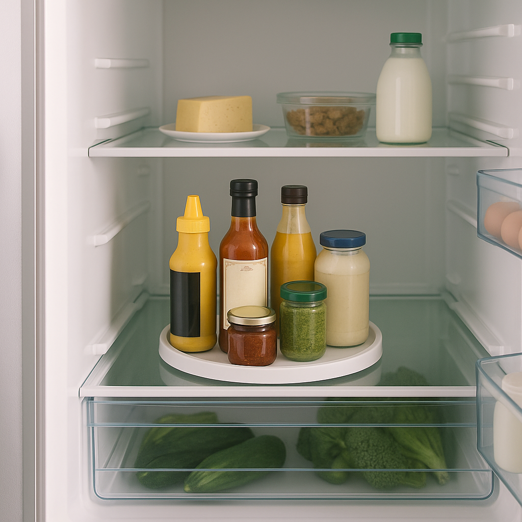 Organised fridge interior showing a Lazy Susan turntable with sauces and jars, creating easy access and reducing clutter in a modern UK kitchen fridge.