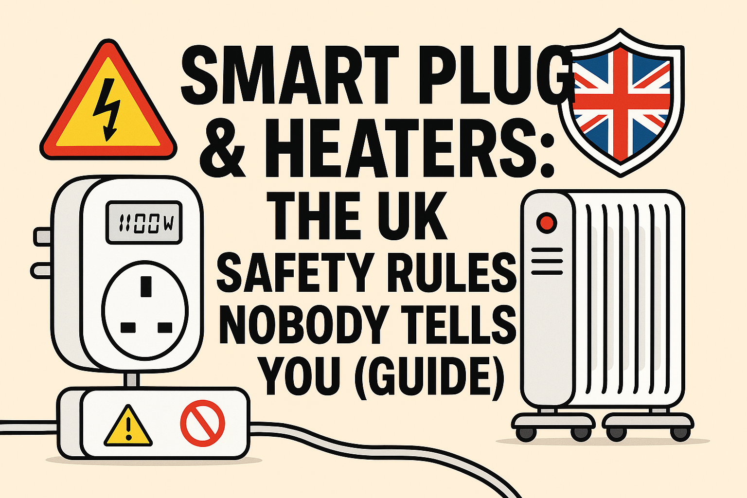 “Graphic-style featured image showing a smart plug, warning symbols, and an oil-filled radiator heater alongside the title ‘Smart Plugs & Heaters: The UK Safety Rules Nobody Tells You (Guide)’ in bold black text on a beige background.”