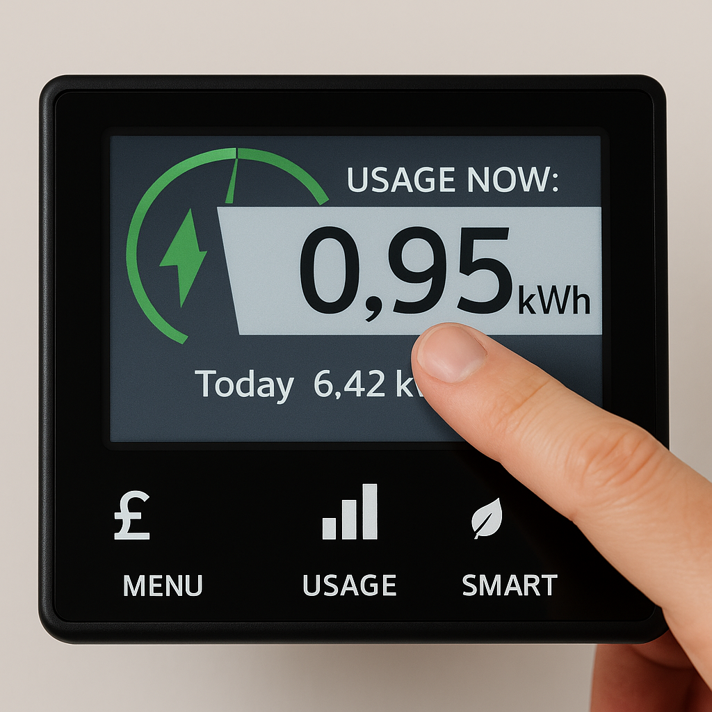 Close-up of a UK smart meter display showing current energy usage in kWh, with a hand pointing at the screen to highlight the reading.