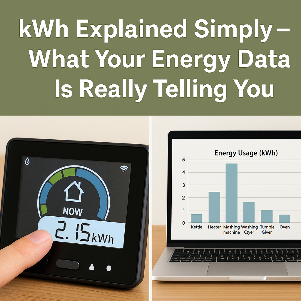 Featured graphic showing the title “kWh Explained Simply — What Your Energy Data Is Really Telling You” above two images: a finger pointing at a digital energy monitor displaying kWh usage, and a laptop screen showing a bar chart of household appliance energy consumption.