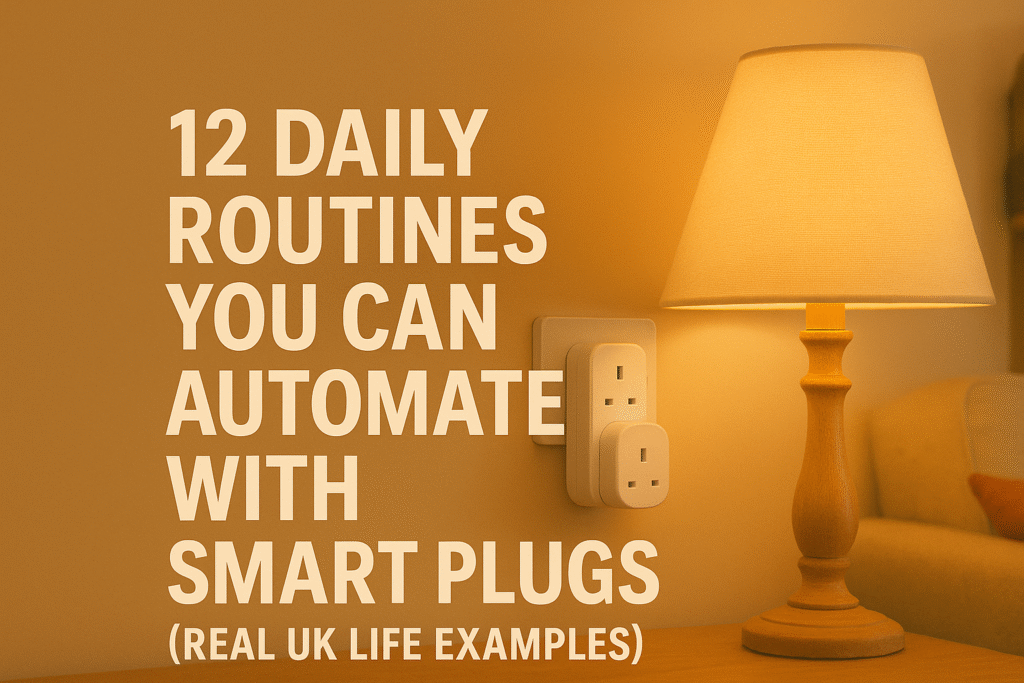 Featured image showing a cosy UK living room with a table lamp plugged into a smart plug on the wall. Bold centred text reads “12 Daily Routines You Can Automate With Smart Plugs (Real UK Life Examples)” on a warm orange background.