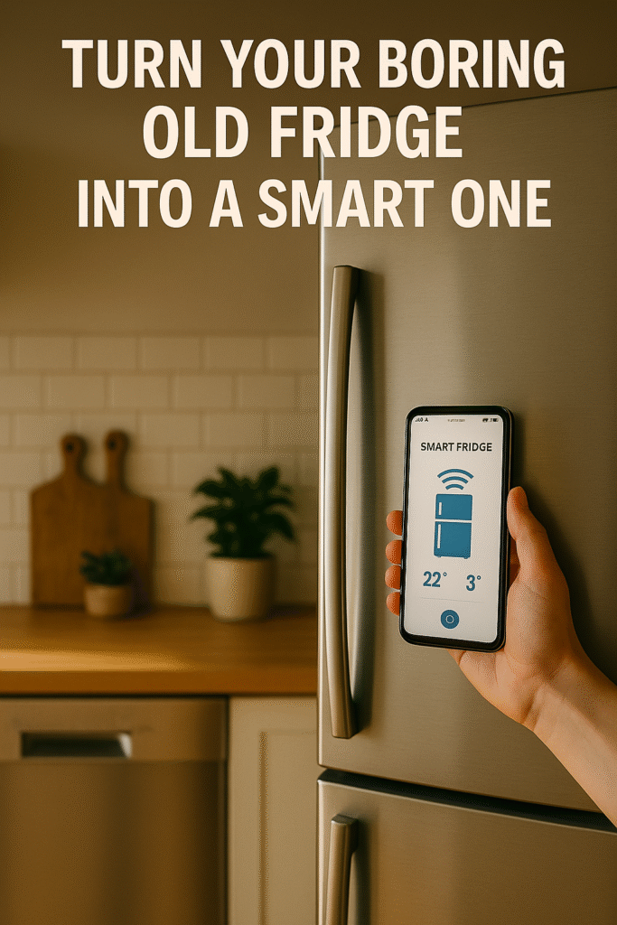 Old fridge upgraded with smart thermometer, door alarm, and app-connected monitoring tools