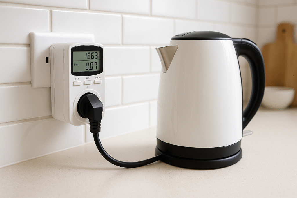 Plug-in energy monitor measuring the real-time wattage of a UK kettle in a modern kitchen setting.