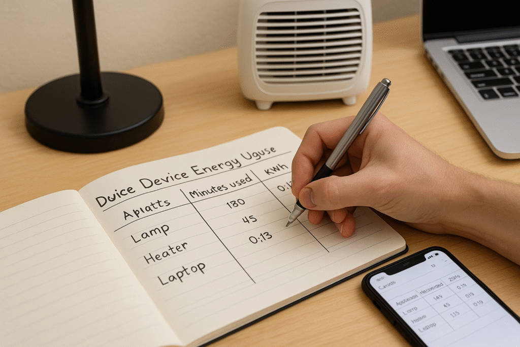 Person writing energy-use notes in a notebook, logging watts and kWh for different home appliances, with a heater, lamp and phone spreadsheet visible on the desk.