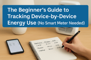 Featured image showing title banner “The Beginner’s Guide to Tracking Device-by-Device Energy Use (No Smart Meter Needed)” above a desk scene with a person logging appliance wattage in a notebook beside a lamp, heater and smartphone spreadsheet.