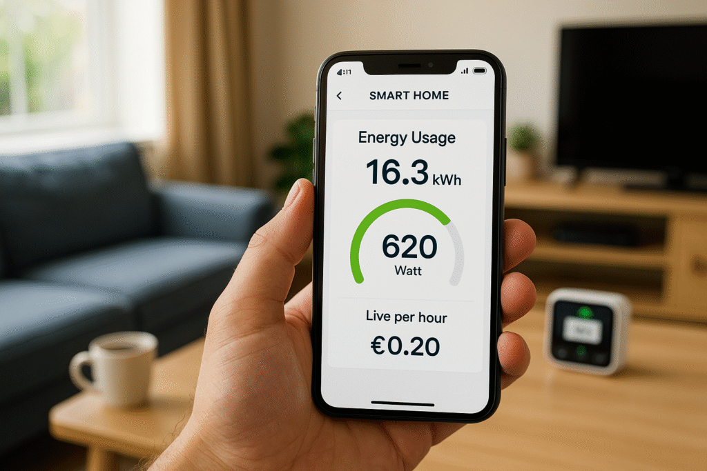 Person holding a smartphone showing a smart home energy-usage dashboard in a modern UK living room, with live wattage and kWh data displayed on screen.