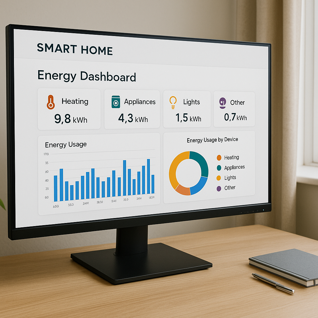 Computer monitor displaying a detailed smart home energy dashboard with charts and device-by-device energy usage, set on a tidy wooden desk in a bright UK home office.