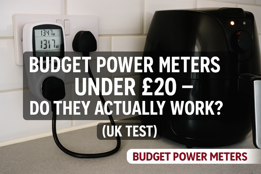 Featured image showing a UK plug-in power meter connected to an appliance in a modern kitchen, with bold title text reading “Budget Power Meters Under £20 — Do They Actually Work? (UK Test)” in the Save Wise Living style.