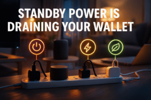 “UK living room at dusk with a power strip full of devices emitting neon standby icons and bold text saying ‘Standby Power Is Draining Your Wallet’.”