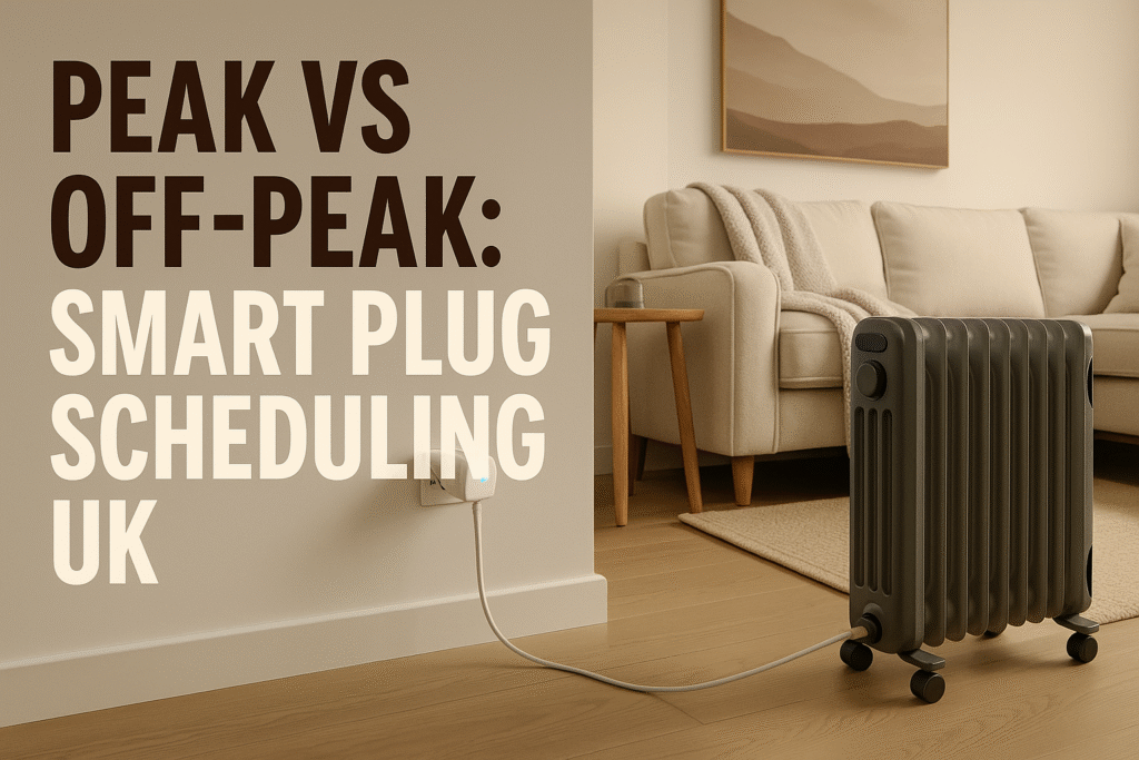 “Smart plug connected to a heater in a modern UK living room, softly lit with warm tones, illustrating peak vs off-peak smart plug scheduling.”