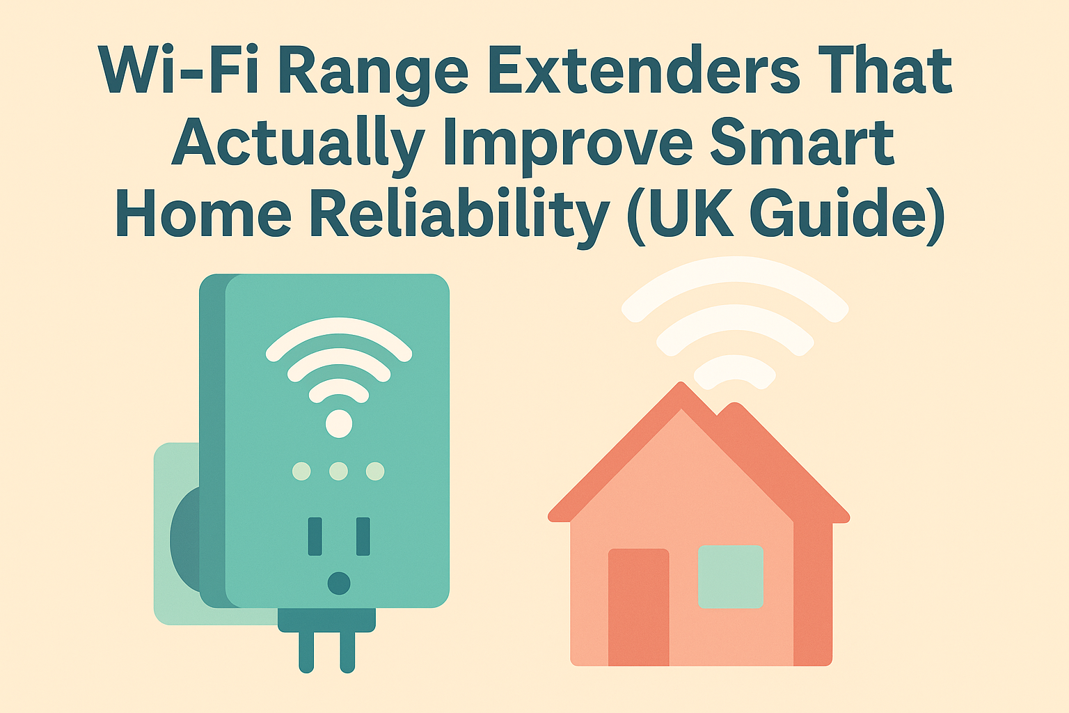 “Illustration of a Wi-Fi range extender boosting signal strength to a UK home, representing improved smart home reliability.”