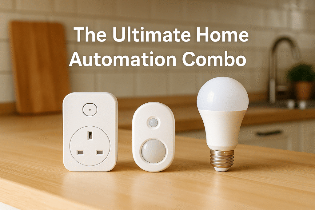 “Smart plug, motion sensor, and smart bulb displayed on a wooden kitchen countertop with text reading ‘The Ultimate Home Automation Combo’.”