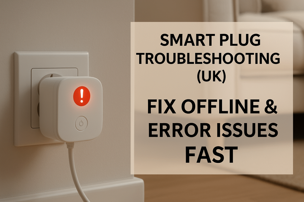 “Smart plug showing warning lights next to a UK appliance, symbolising connection errors and troubleshooting issues in a modern home.”