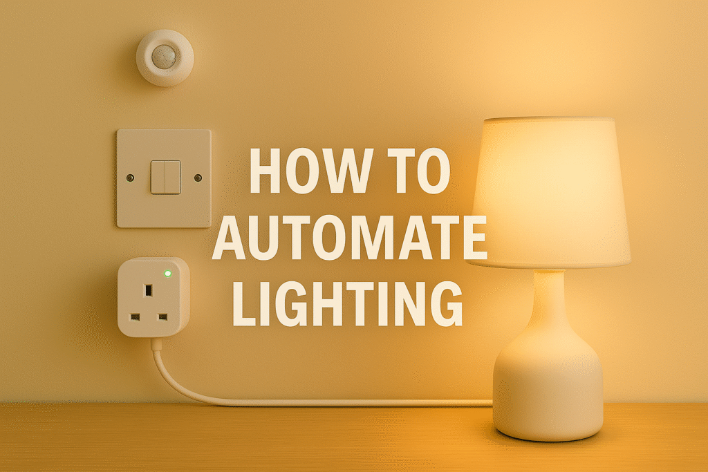 Featured image showing a warm-lit bedside lamp plugged into a smart plug, with a wall-mounted motion sensor and light switch beside it. Bold centred text reads “How to Automate Lighting.” The scene has a beige background with a clean, modern smart home aesthetic.